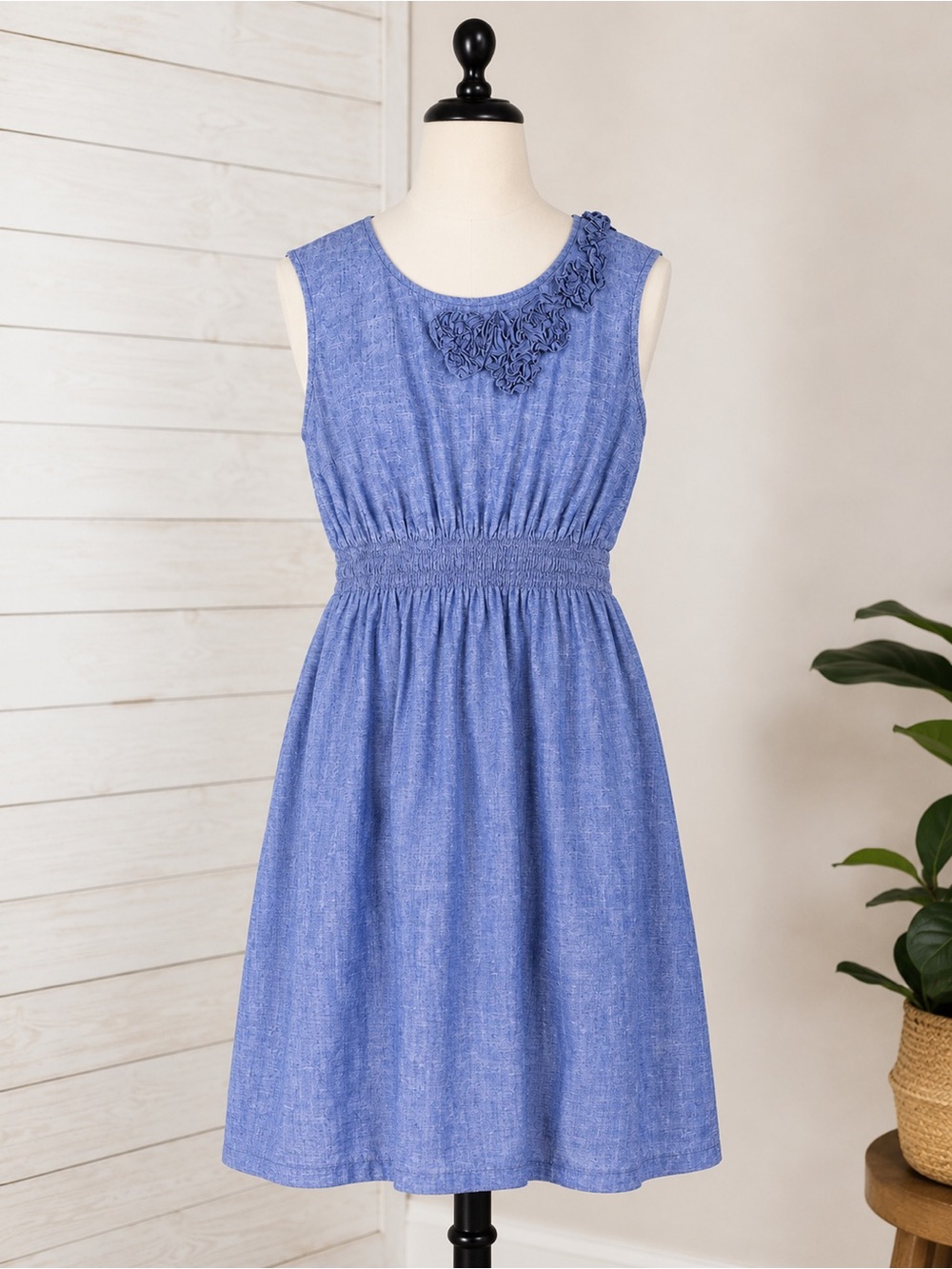 Merona Blue Chambray Cotton Floral Applique Dress XL